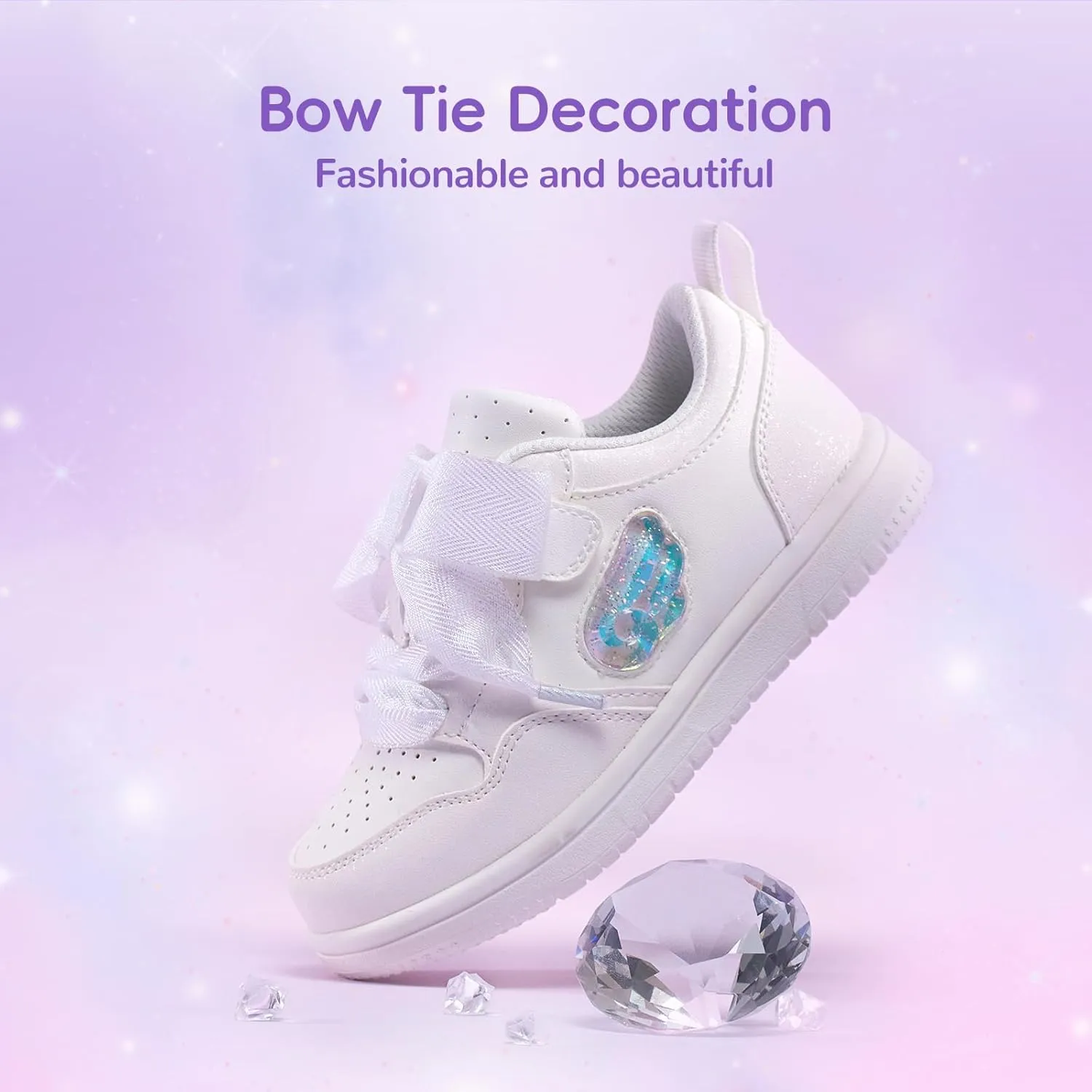 Balabala Little Girls Sneakers with Cute Bow Tie, Toddler Lightweight Comfortable Hook and Loop Casual Shoes