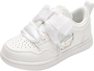 Balabala Little Girls Sneakers with Cute Bow Tie, Toddler Lightweight Comfortable Hook and Loop Casual Shoes
