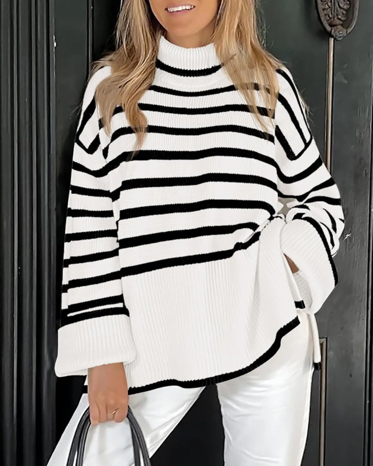 BTFBM Women Casual Turtleneck Striped Sweater 2024 Fall Winter Jumper Tops Long Sleeve Side Slit Oversized Knit Pullover