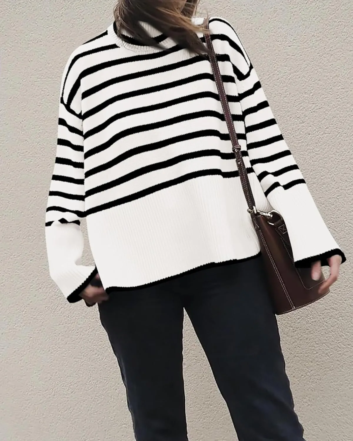 BTFBM Women Casual Turtleneck Striped Sweater 2024 Fall Winter Jumper Tops Long Sleeve Side Slit Oversized Knit Pullover