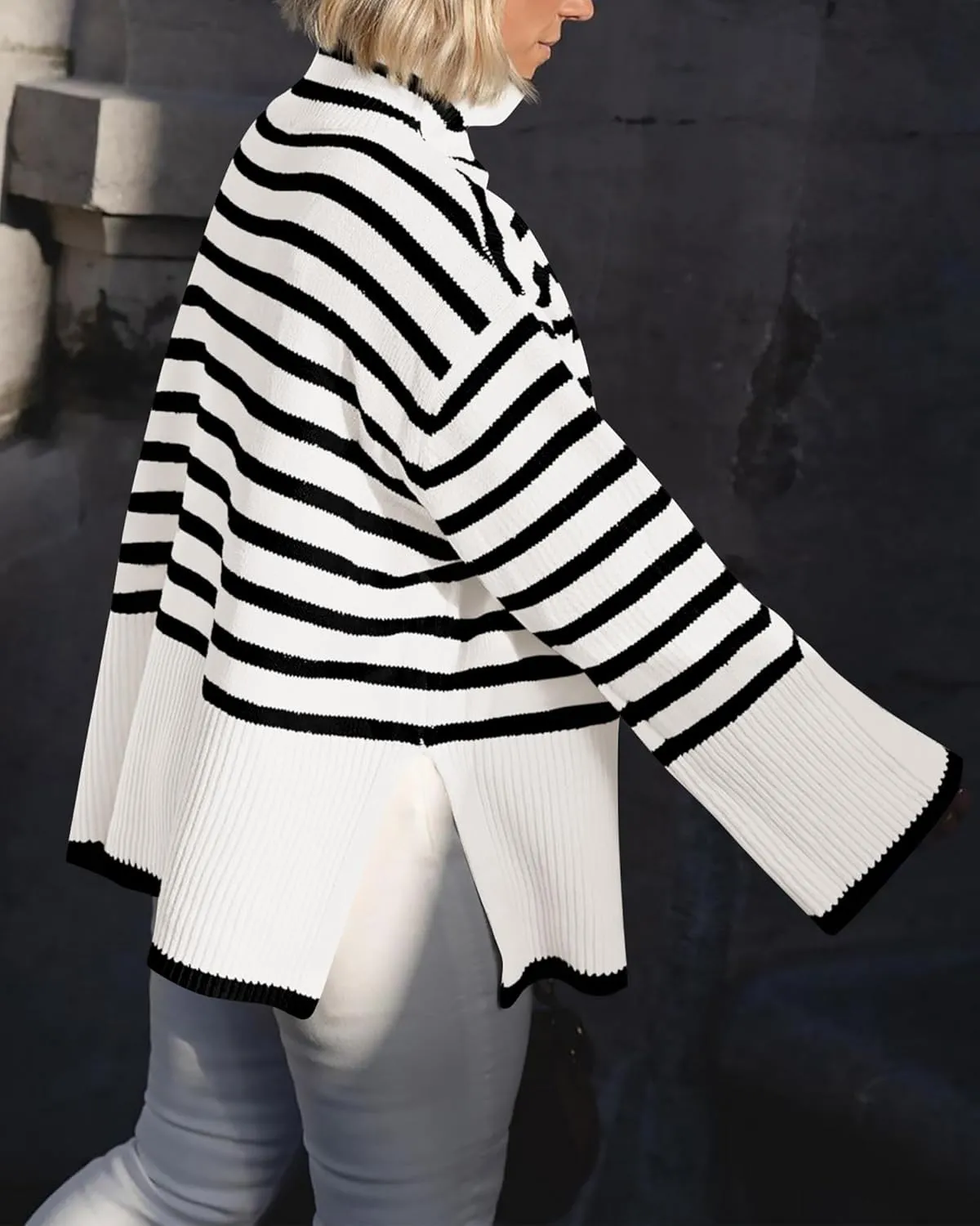 BTFBM Women Casual Turtleneck Striped Sweater 2024 Fall Winter Jumper Tops Long Sleeve Side Slit Oversized Knit Pullover