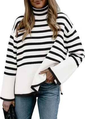 BTFBM Women Casual Turtleneck Striped Sweater 2024 Fall Winter Jumper Tops Long Sleeve Side Slit Oversized Knit Pullover