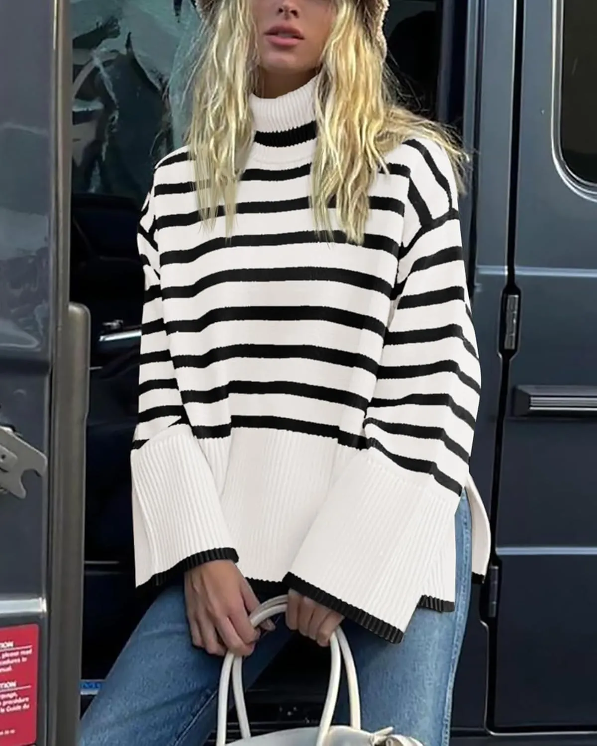 BTFBM Women Casual Turtleneck Striped Sweater 2024 Fall Winter Jumper Tops Long Sleeve Side Slit Oversized Knit Pullover