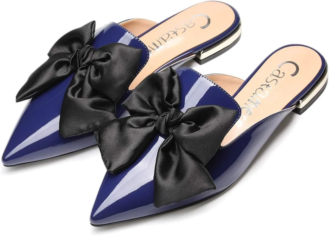Castamere Womens Pointed Toe Bow-Knot Mules Slip On Velvet Slippers Casual Comfortable Flats