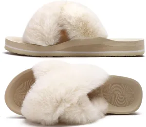 COFACE Womens Fuzzy Slides Fluff Faux Fur Cross Slippers Open Toe Yoga Mat House Slipper Sandals With Arch Support For Indoor/Outdoor
