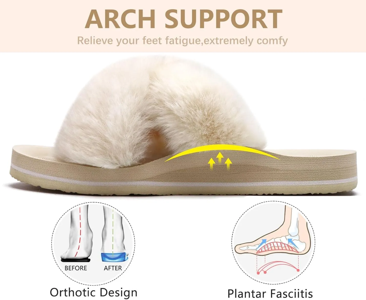 COFACE Womens Fuzzy Slides Fluff Faux Fur Cross Slippers Open Toe Yoga Mat House Slipper Sandals With Arch Support For Indoor/Outdoor