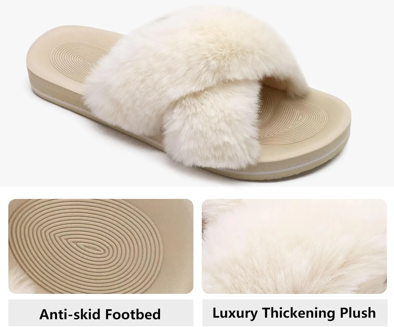 COFACE Womens Fuzzy Slides Fluff Faux Fur Cross Slippers Open Toe Yoga Mat House Slipper Sandals With Arch Support For Indoor/Outdoor