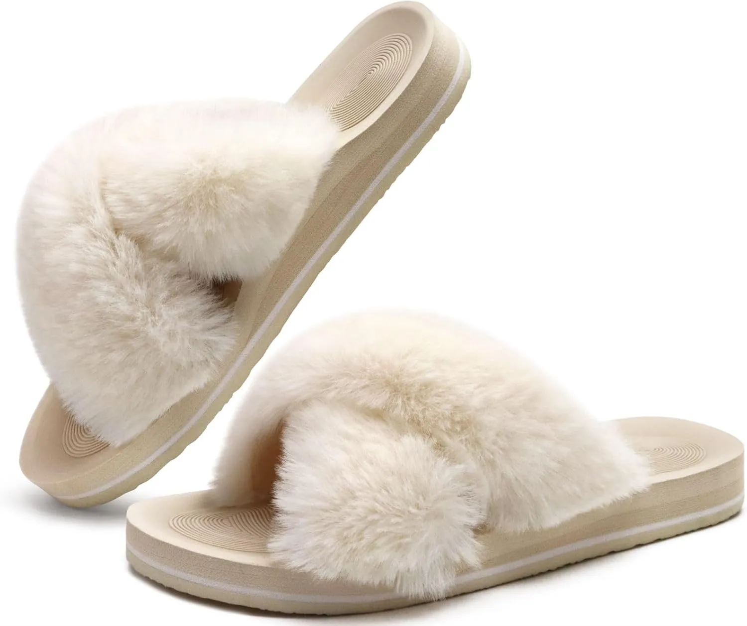 COFACE Womens Fuzzy Slides Fluff Faux Fur Cross Slippers Open Toe Yoga Mat House Slipper Sandals With Arch Support For Indoor/Outdoor