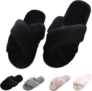 Cozy House Slippers for Women for Indoor and Outdoor Fuzzy Slip On Womens Slippers with Cross Band Open Toe Soft Plush Fleece House Shoes