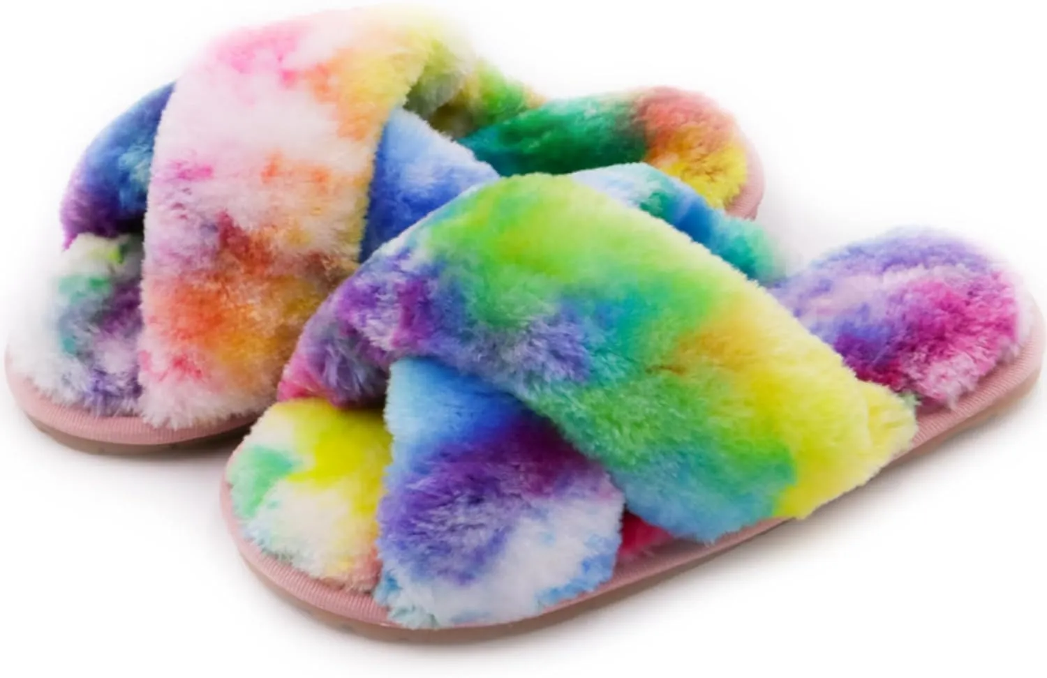Crazy Lady Women's Fuzzy Fluffy House Slippers Cute Plush Memory Foam Shoes Cross Band Indoor Outdoor Open Toe Sandals