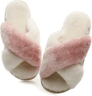 Crazy Lady Women's Fuzzy Fluffy House Slippers Cute Plush Memory Foam Shoes Cross Band Indoor Outdoor Open Toe Sandals