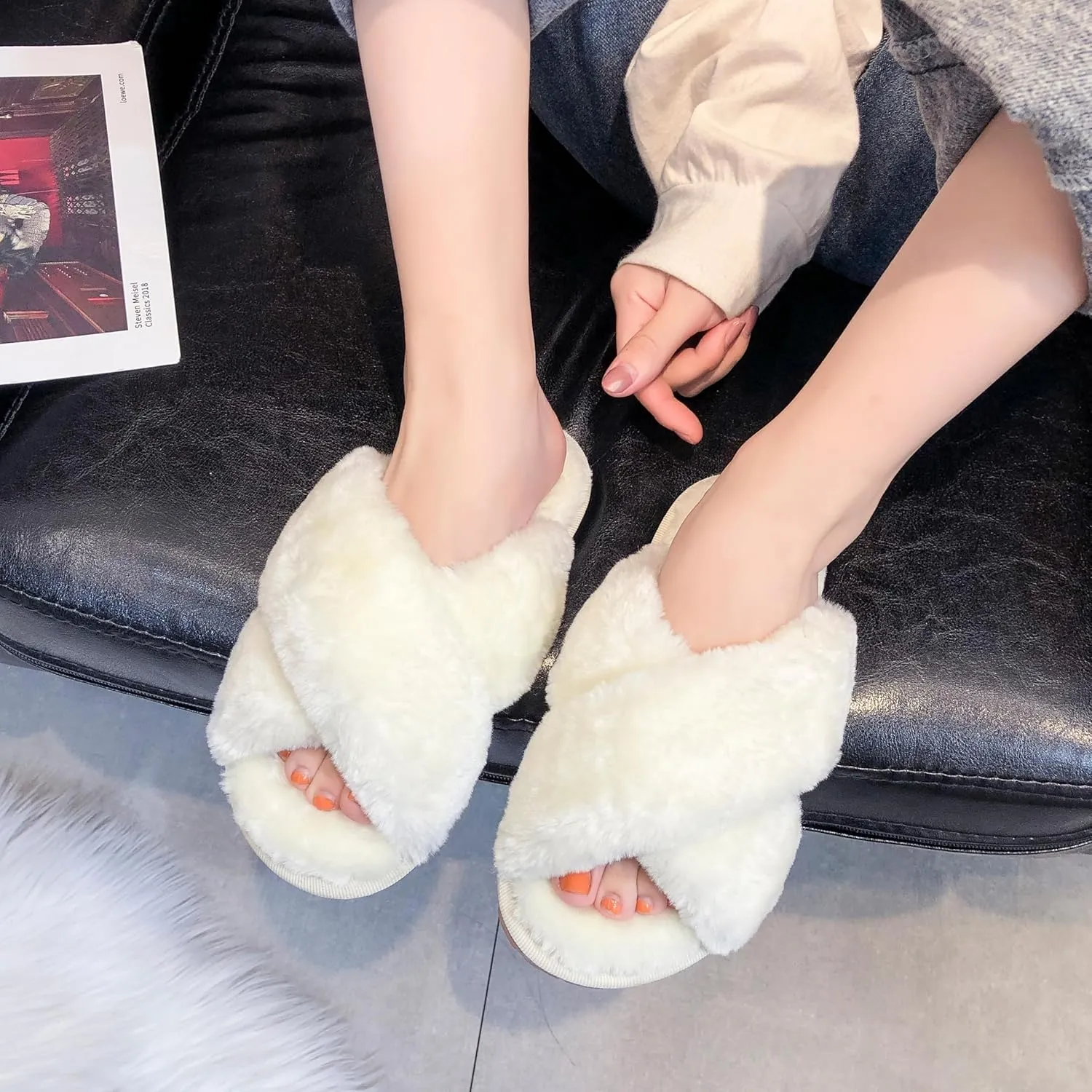 Crazy Lady Women's Fuzzy Fluffy House Slippers Cute Plush Memory Foam Shoes Cross Band Indoor Outdoor Open Toe Sandals