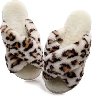 Crazy Lady Women's Fuzzy Fluffy House Slippers Cute Plush Memory Foam Shoes Cross Band Indoor Outdoor Open Toe Sandals