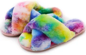 Crazy Lady Women's Fuzzy Fluffy House Slippers Cute Plush Memory Foam Shoes Cross Band Indoor Outdoor Open Toe Sandals