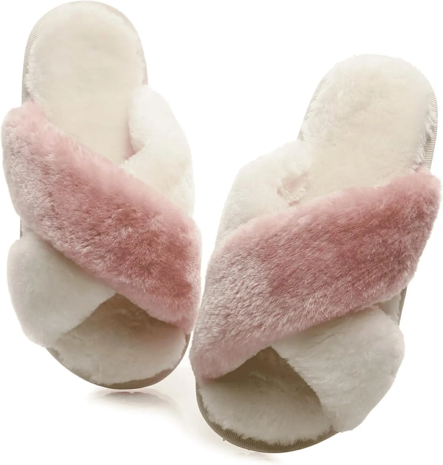 Crazy Lady Women's Fuzzy Fluffy House Slippers Cute Plush Memory Foam Shoes Cross Band Indoor Outdoor Open Toe Sandals