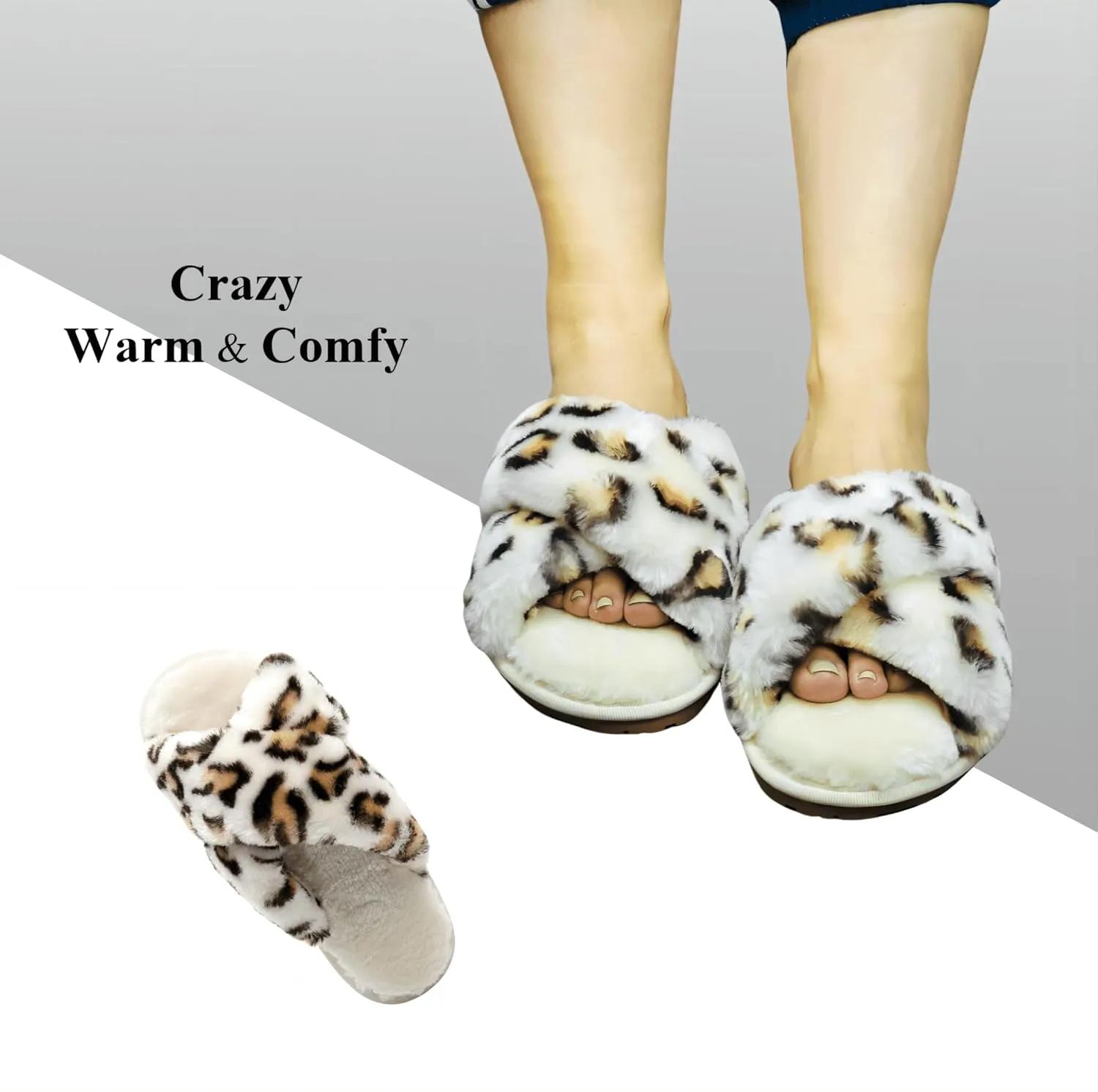 Crazy Lady Women's Fuzzy Fluffy House Slippers Cute Plush Memory Foam Shoes Cross Band Indoor Outdoor Open Toe Sandals