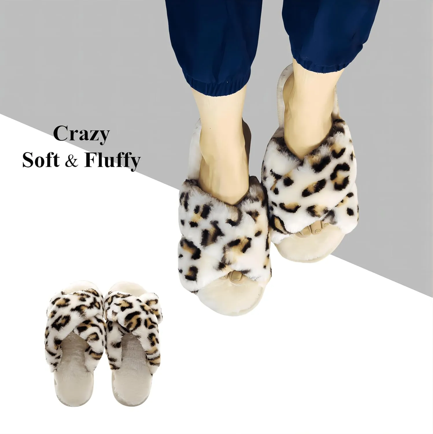Crazy Lady Women's Fuzzy Fluffy House Slippers Cute Plush Memory Foam Shoes Cross Band Indoor Outdoor Open Toe Sandals