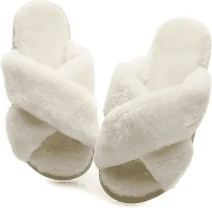 Crazy Lady Women's Fuzzy Fluffy House Slippers Cute Plush Memory Foam Shoes Cross Band Indoor Outdoor Open Toe Sandals