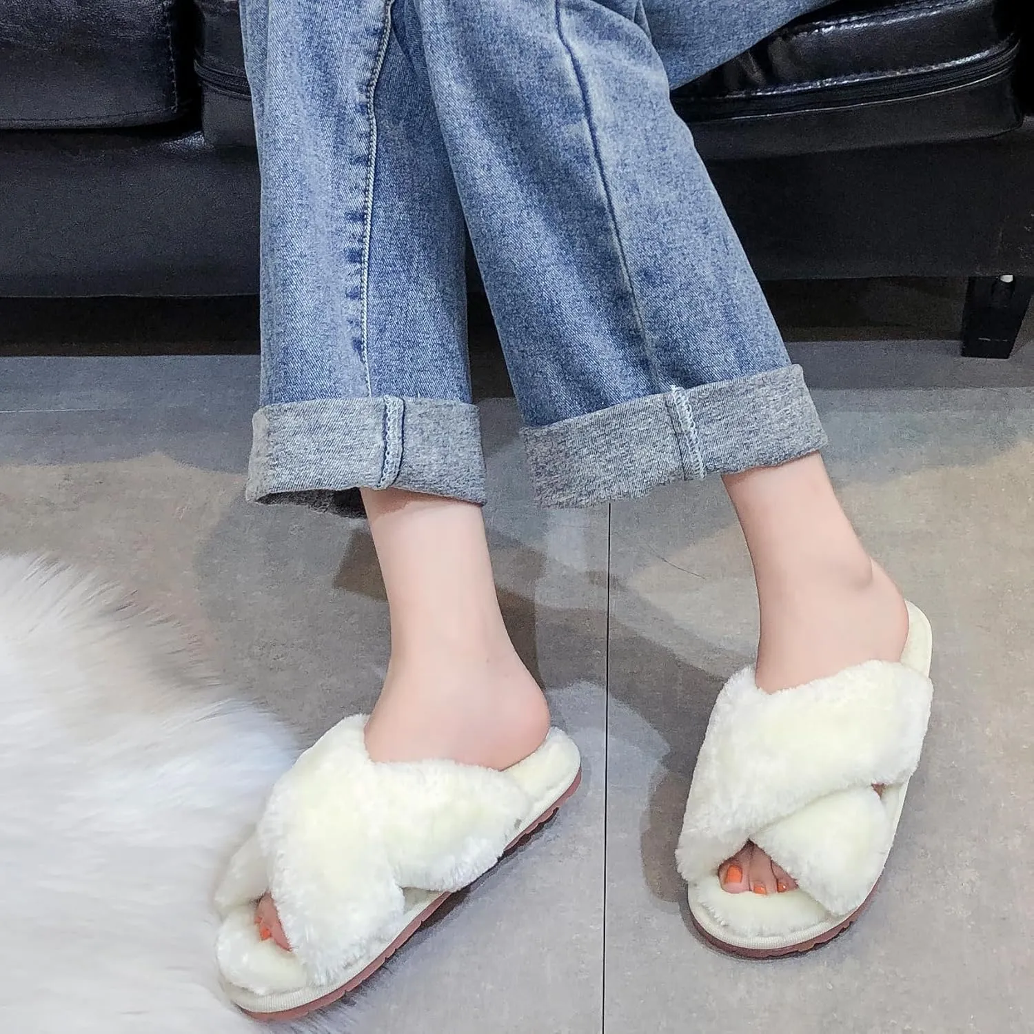 Crazy Lady Women's Fuzzy Fluffy House Slippers Cute Plush Memory Foam Shoes Cross Band Indoor Outdoor Open Toe Sandals