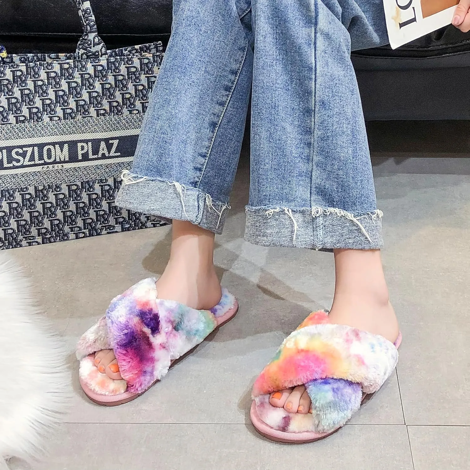 Crazy Lady Women's Fuzzy Fluffy House Slippers Cute Plush Memory Foam Shoes Cross Band Indoor Outdoor Open Toe Sandals