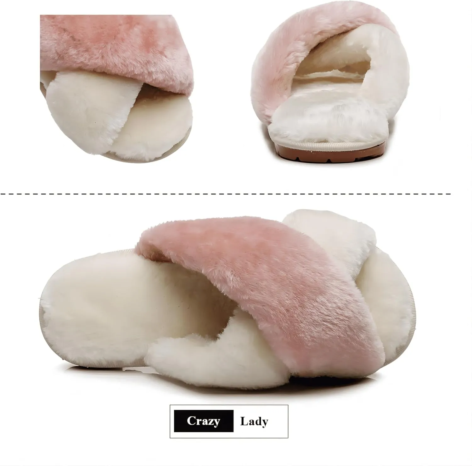 Crazy Lady Women's Fuzzy Fluffy House Slippers Cute Plush Memory Foam Shoes Cross Band Indoor Outdoor Open Toe Sandals