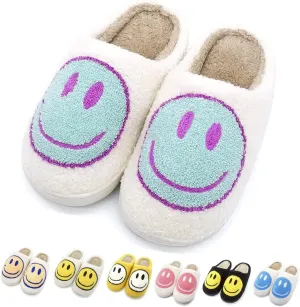 Cute Smile Face Slippers, Fuupnn Retro Soft Plush Furry Fluffy Indoor Outdoor Shoes Comfy Warm Fleece Lined Fuzzy Slip-on Cloud sliders with Memory Foam Happy Face Slippers Couples Cute Cartoon Non Slip Smile Slippers for Winter