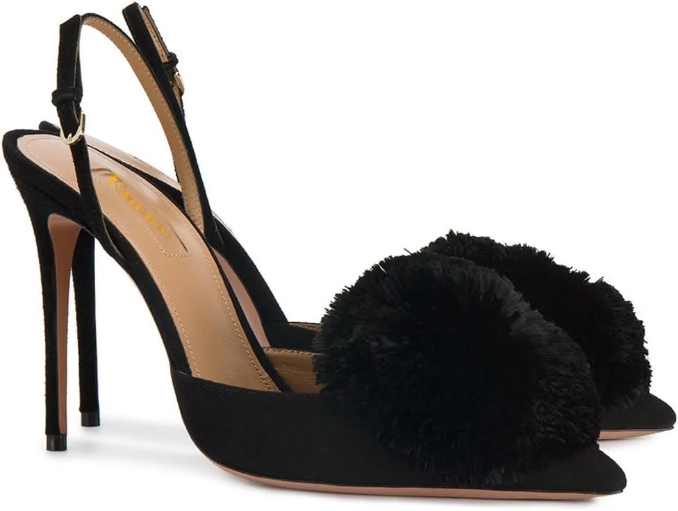 Divanne Pumps for Women,Puff Pompom High Heels Pointed Toe Slingback Pumps Stiletto Heel Sandals Evening Party Wedding Shoes