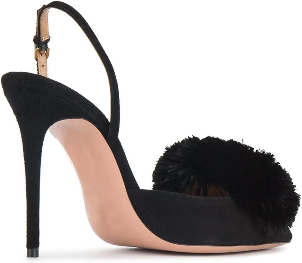 Divanne Pumps for Women,Puff Pompom High Heels Pointed Toe Slingback Pumps Stiletto Heel Sandals Evening Party Wedding Shoes