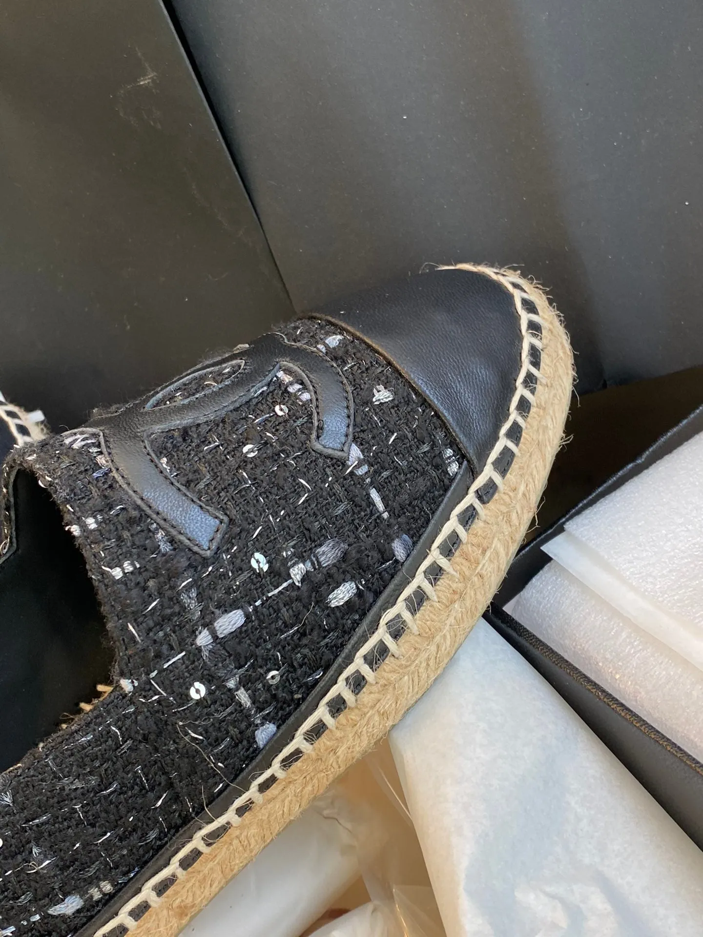 espadriles black white tweed black lambskin