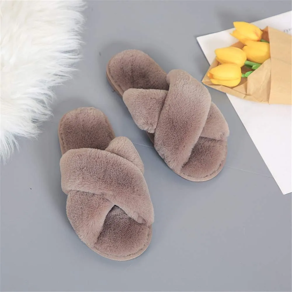 Fericzot Women's Fuzzy Fluffy Furry Fur Slippers Flip Flop Winter Warm Cozy House Memory Foam Sandals Slides Soft Flat Comfy Anti-Slip Spa Indoor Outdoor Slip on