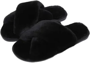 Fericzot Women's Fuzzy Fluffy Furry Fur Slippers Flip Flop Winter Warm Cozy House Memory Foam Sandals Slides Soft Flat Comfy Anti-Slip Spa Indoor Outdoor Slip on