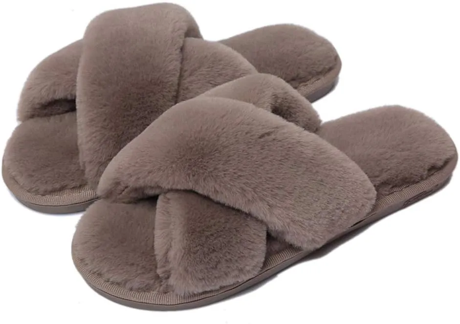 Fericzot Women's Fuzzy Fluffy Furry Fur Slippers Flip Flop Winter Warm Cozy House Memory Foam Sandals Slides Soft Flat Comfy Anti-Slip Spa Indoor Outdoor Slip on
