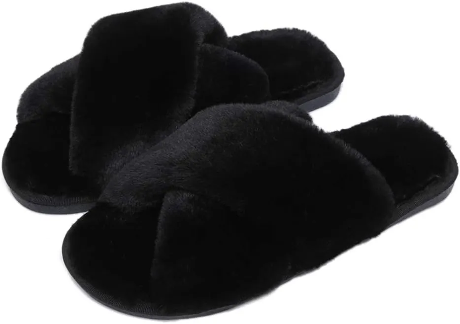 Fericzot Women's Fuzzy Fluffy Furry Fur Slippers Flip Flop Winter Warm Cozy House Memory Foam Sandals Slides Soft Flat Comfy Anti-Slip Spa Indoor Outdoor Slip on