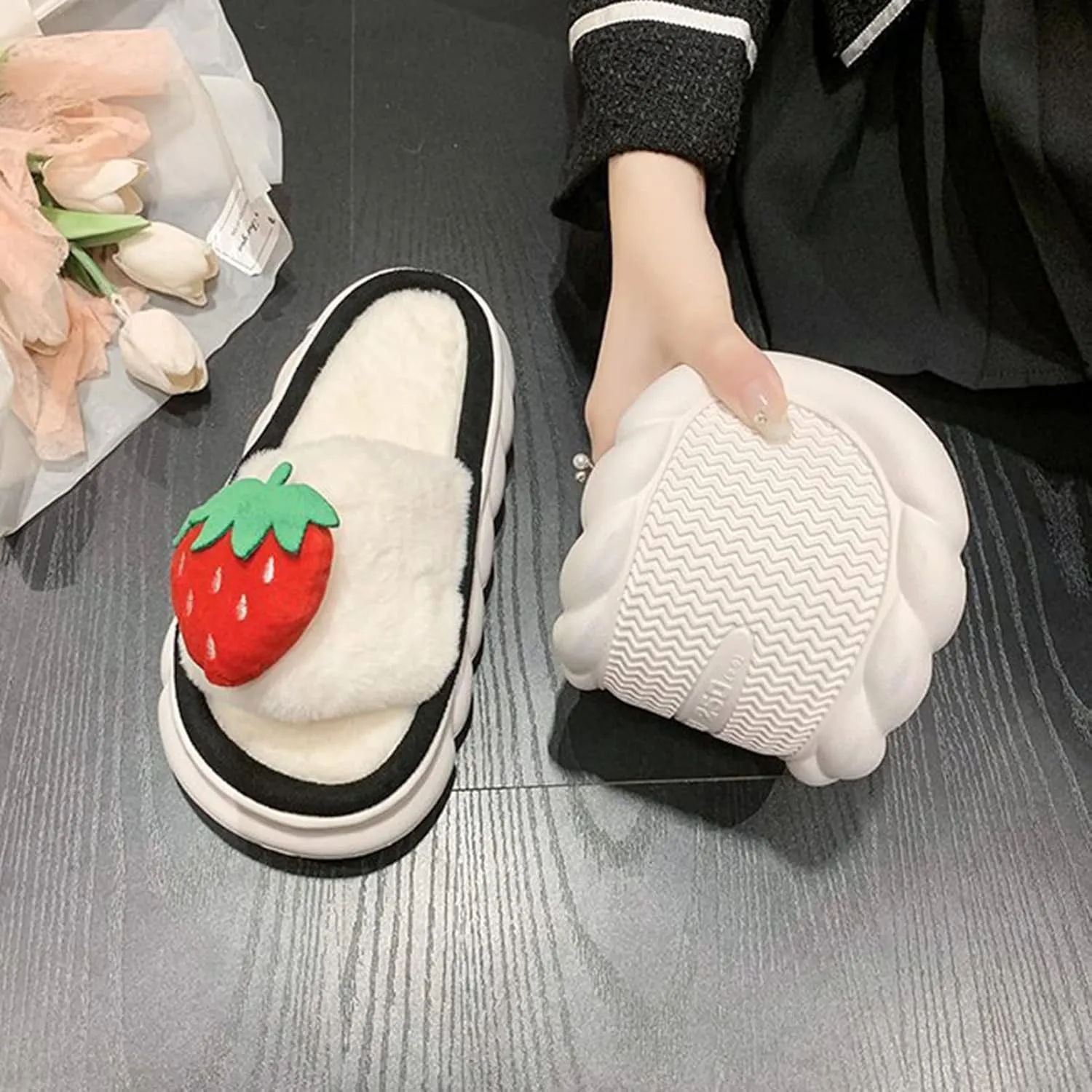 Fuzzy Colorful Fruits House Slippers Soft Plush Furry Open Toe Cozy Winter Comfy Breathable Sandals Thick Soled Shoes for Women And Girls