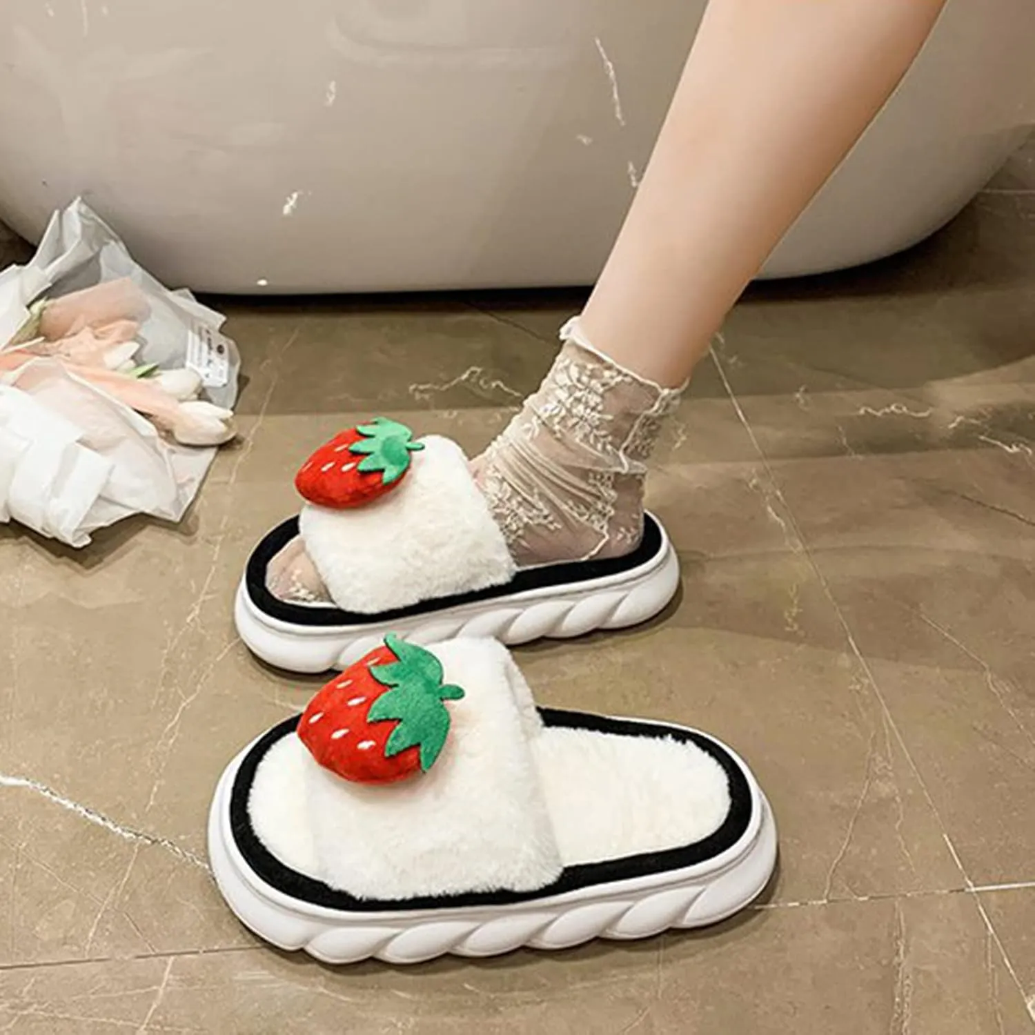 Fuzzy Colorful Fruits House Slippers Soft Plush Furry Open Toe Cozy Winter Comfy Breathable Sandals Thick Soled Shoes for Women And Girls