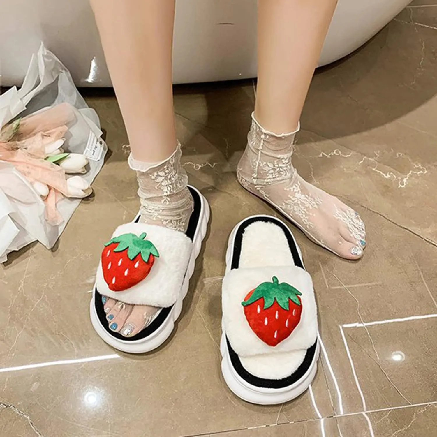 Fuzzy Colorful Fruits House Slippers Soft Plush Furry Open Toe Cozy Winter Comfy Breathable Sandals Thick Soled Shoes for Women And Girls