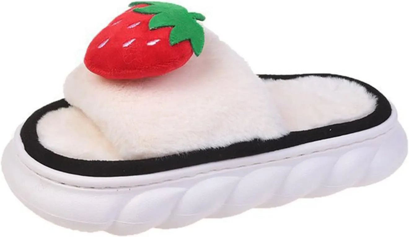 Fuzzy Colorful Fruits House Slippers Soft Plush Furry Open Toe Cozy Winter Comfy Breathable Sandals Thick Soled Shoes for Women And Girls