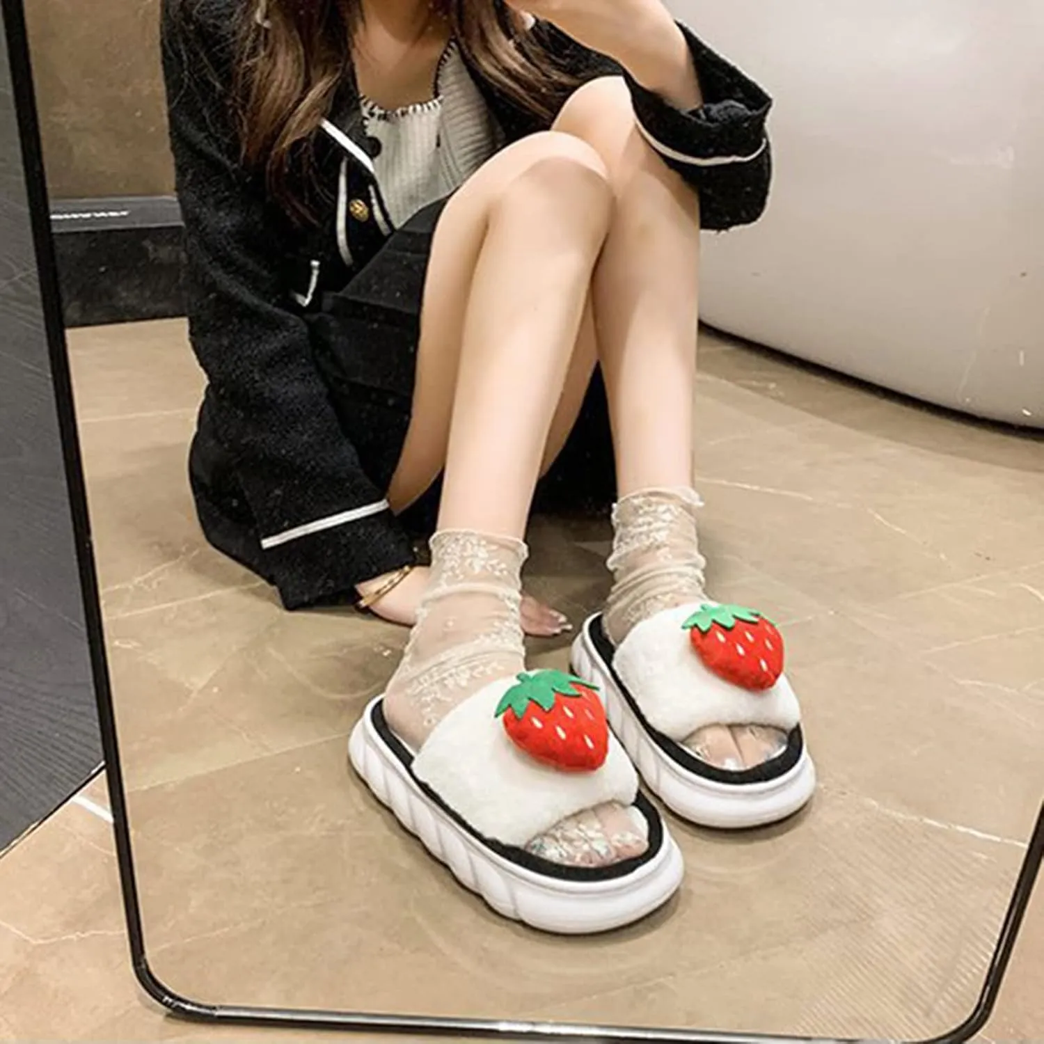 Fuzzy Colorful Fruits House Slippers Soft Plush Furry Open Toe Cozy Winter Comfy Breathable Sandals Thick Soled Shoes for Women And Girls