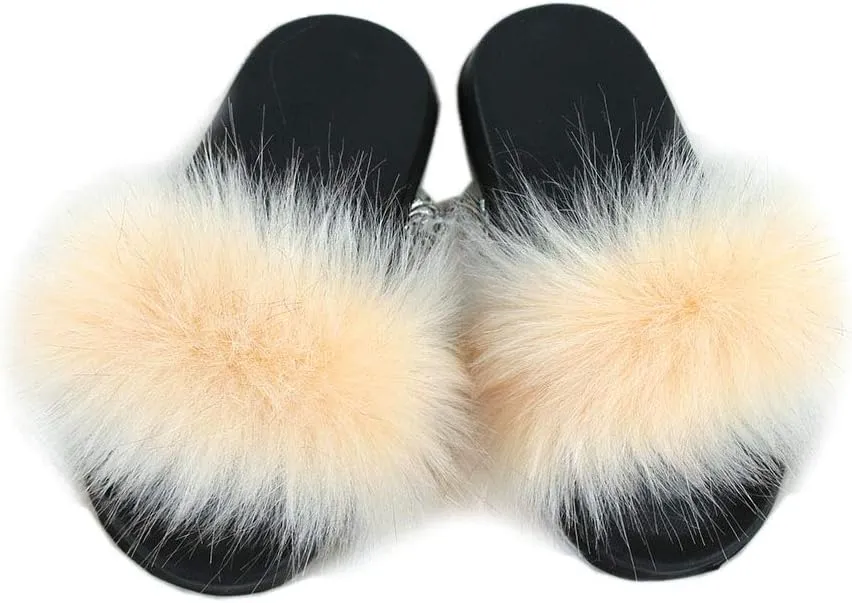 Girls Plush Faux Fur Slippers Fluffy Slip On Summer Open Toe Furry Slides Lovely House Indoor Outdoor Sandals
