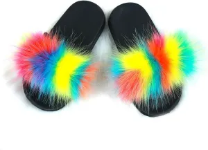 Girls Plush Faux Fur Slippers Fluffy Slip On Summer Open Toe Furry Slides Lovely House Indoor Outdoor Sandals