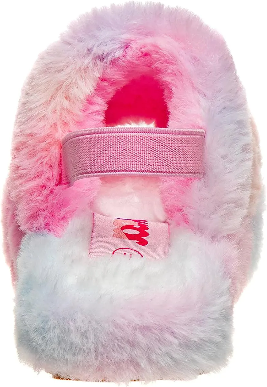 Josmo Girl's Fuzzy Furry Slippers-Soft and Cozy Faux Fur Open Toe Slide Sandals with Plush Fleece Toddler Kids Leopard Multi Pink Comfort House Shoes