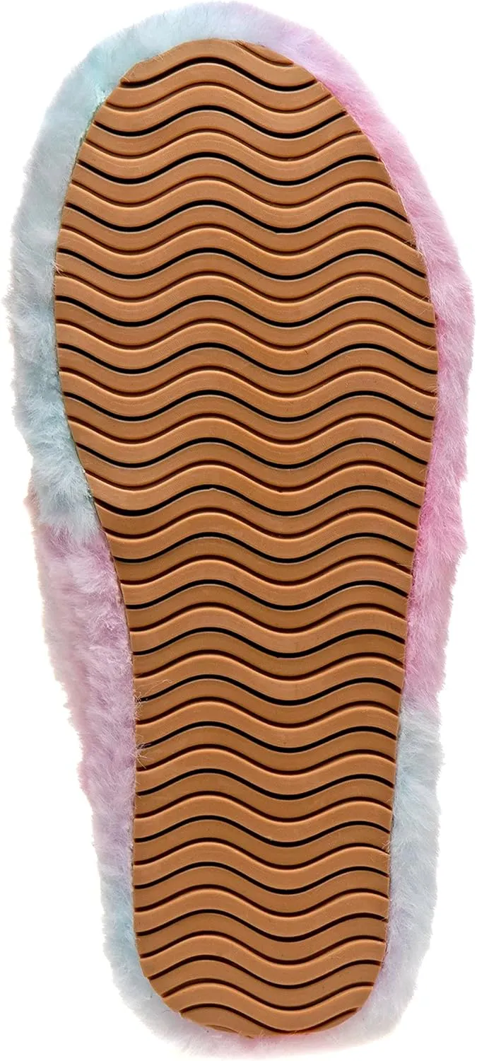 Josmo Girl's Fuzzy Furry Slippers-Soft and Cozy Faux Fur Open Toe Slide Sandals with Plush Fleece Toddler Kids Leopard Multi Pink Comfort House Shoes