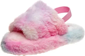 Josmo Girl's Fuzzy Furry Slippers-Soft and Cozy Faux Fur Open Toe Slide Sandals with Plush Fleece Toddler Kids Leopard Multi Pink Comfort House Shoes
