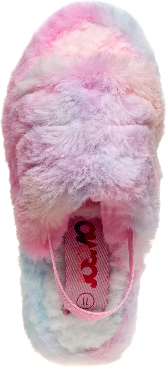 Josmo Girl's Fuzzy Furry Slippers-Soft and Cozy Faux Fur Open Toe Slide Sandals with Plush Fleece Toddler Kids Leopard Multi Pink Comfort House Shoes