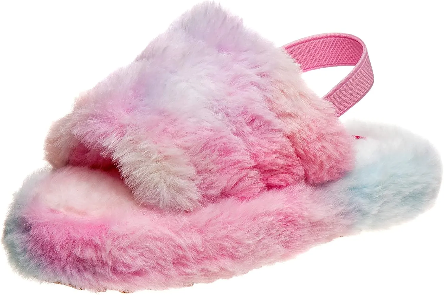 Josmo Girl's Fuzzy Furry Slippers-Soft and Cozy Faux Fur Open Toe Slide Sandals with Plush Fleece Toddler Kids Leopard Multi Pink Comfort House Shoes