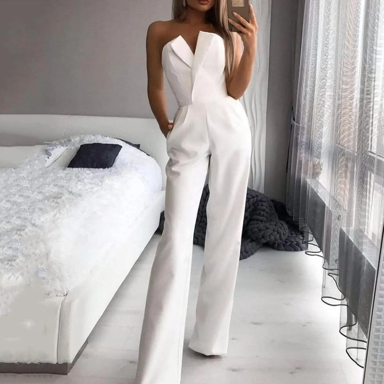 Jumpsuits for Women Dressy Elegant off Shoulder Sleeveless V Neck Wide Leg Romper Casual Sexy Party Cocktail Jumpsuit