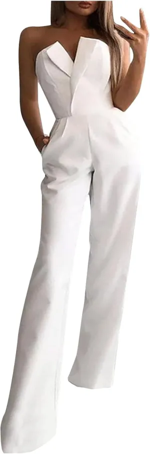 Jumpsuits for Women Dressy Elegant off Shoulder Sleeveless V Neck Wide Leg Romper Casual Sexy Party Cocktail Jumpsuit
