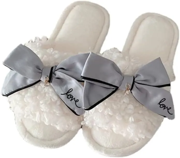 Kawaii Open Toe Slippers Women's Soft Bow Tie Fluffy Cozy House Shoes Sandals Fur Warm Comfy Slip On Slide Slippers (7.5,Gray)