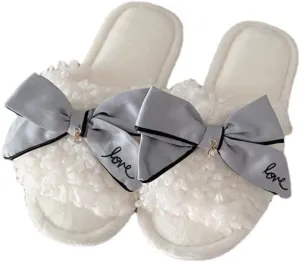 Kawaii Open Toe Slippers Women's Soft Bow Tie Fluffy Cozy House Shoes Sandals Fur Warm Comfy Slip On Slide Slippers (7.5,Gray)