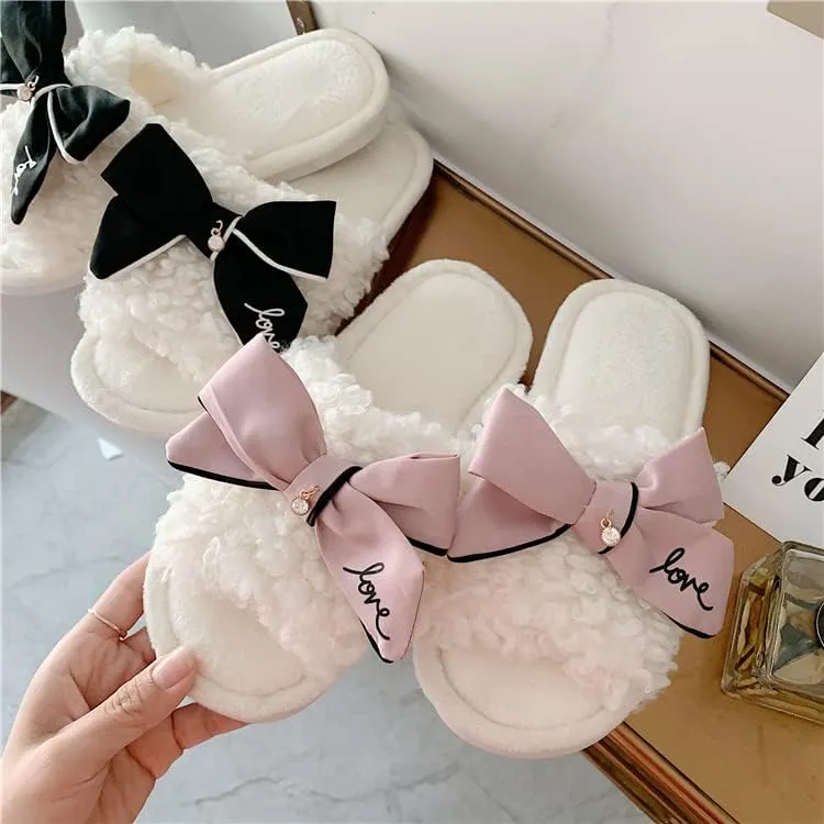 Kawaii Open Toe Slippers Women's Soft Bow Tie Fluffy Cozy House Shoes Sandals Fur Warm Comfy Slip On Slide Slippers